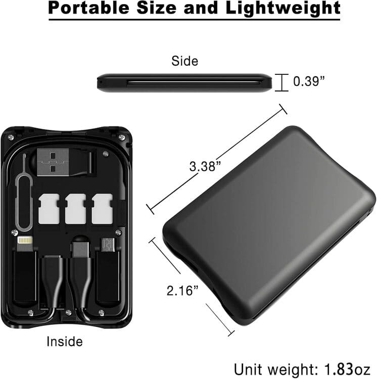 Caja para tarjetas de cable, adaptadores de cable de carga universales, puerto compacto USB-C/USB-A/Micro-USB/Lightning, compacta con la mayoría de los teléfonos inteligentes, soporte de teléfono