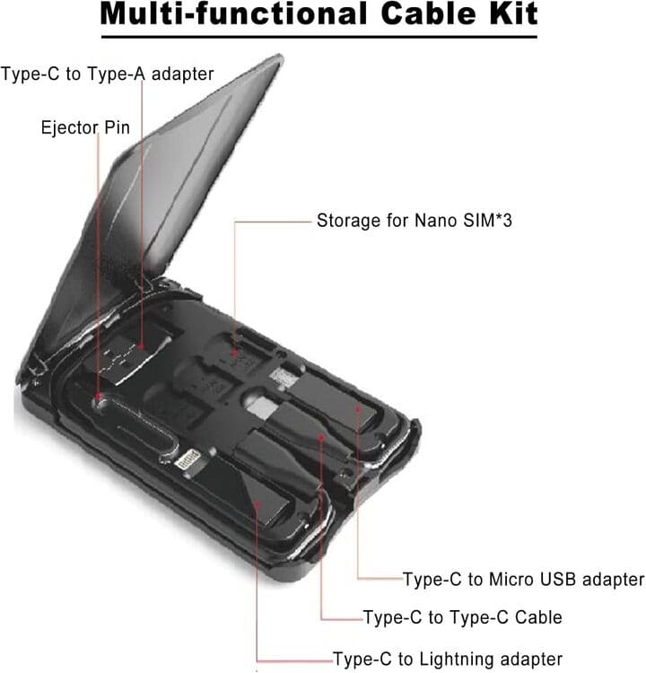 Caja para tarjetas de cable, adaptadores de cable de carga universales, puerto compacto USB-C/USB-A/Micro-USB/Lightning, compacta con la mayoría de los teléfonos inteligentes, soporte de teléfono