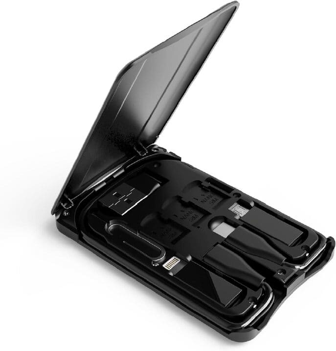 Caja para tarjetas de cable, adaptadores de cable de carga universales, puerto compacto USB-C/USB-A/Micro-USB/Lightning, compacta con la mayoría de los teléfonos inteligentes, soporte de teléfono