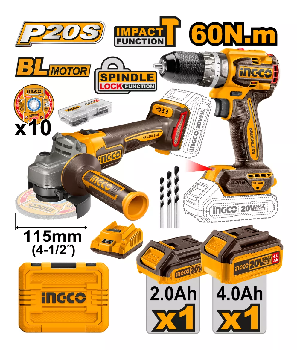 Amoladora 20v + Taladro Percutor +2 Baterias Ingco: imagen 1