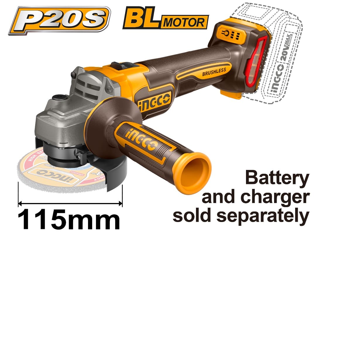 Amoladora 20v Brushless 4 1/2 115m Ingco Cagli21154- Smf Color Naranja Claro: imagen 1