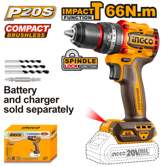 Taladro Atornillador Percutor 13mm 20v Ingco Cidli206681 Color Amarillo