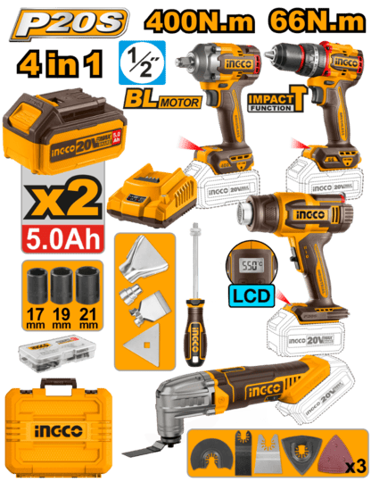 Kit a Batería P20S llave impacto+ taladro+ multifunción +pistola